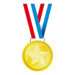 赤・白・青の帯がついた金メダルイラスト