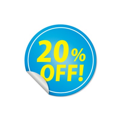 20％OFFと書かれた青いステッカーシール