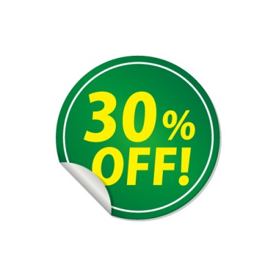 30％OFFと書かれた緑色の割引ステッカーシール