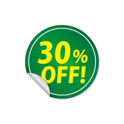 30%OFFと書かれた緑色の割引ステッカーシール