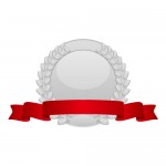 月桂冠の飾られた赤いリボン付き銀メダルイラスト