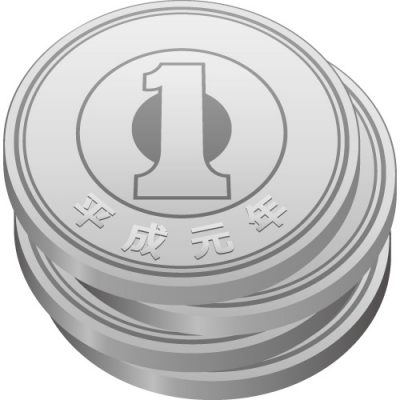 日本の一円玉硬貨(斜め上から)が4枚積み重なったイラスト