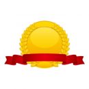 月桂冠の飾られた赤いリボン付き金メダルイラスト