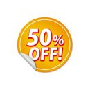 50％OFFのオレンジ色円形シールイラスト